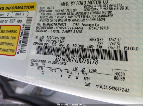 3FA6P0H79JR270178 2018 FORD FUSION White Engine compartment view