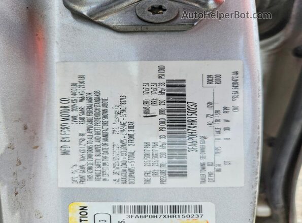 3FA6P0H7XHR150237 2017 FORD FUSION Silver VIN sticker view