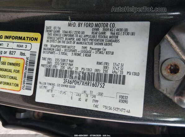 3FA6P0H7XHR160752 2017 FORD FUSION Серый Вид подкапотного пространства