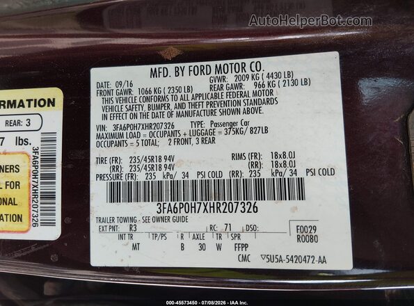 3FA6P0H7XHR207326 2017 FORD FUSION Burgundy Շարժիչի բաժամունքի տեսք