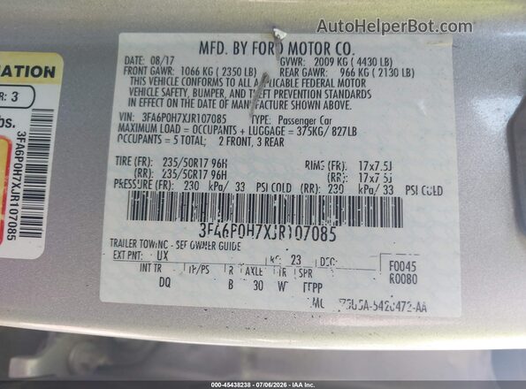 3FA6P0H7XJR107085 2018 FORD FUSION Silver ძრავის განყოფილების ხედი
