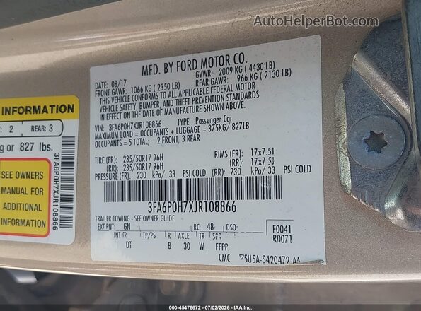 3FA6P0H7XJR108866 2018 FORD FUSION Gold Vista del compartimento del motor