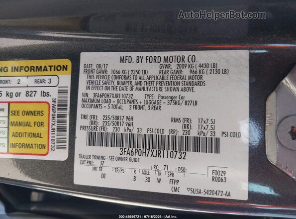 3FA6P0H7XJR110732 2018 FORD FUSION Серый Вид подкапотного пространства