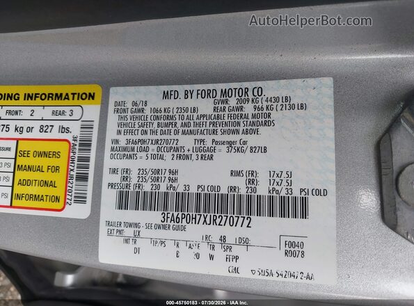 3FA6P0H7XJR270772 2018 FORD FUSION Silver Շարժիչի բաժամունքի տեսք