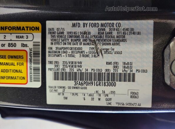 3FA6P0H91GR183000 2016 FORD FUSION Gray Engine compartment view