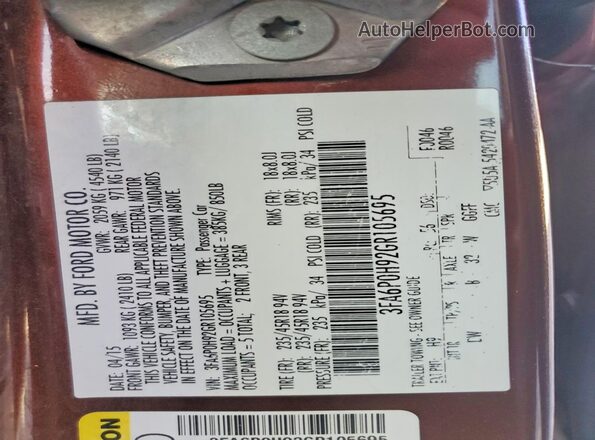 3FA6P0H92GR105695 2016 FORD FUSION Maroon Engine compartment view