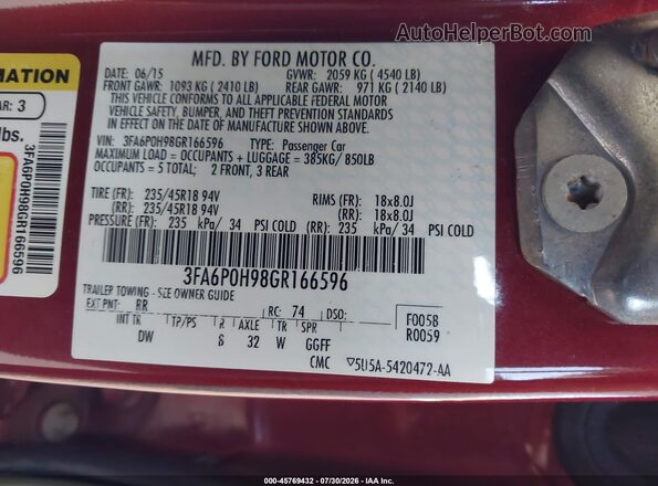 3FA6P0H98GR166596 2016 FORD FUSION Red Вид підкапотного простору