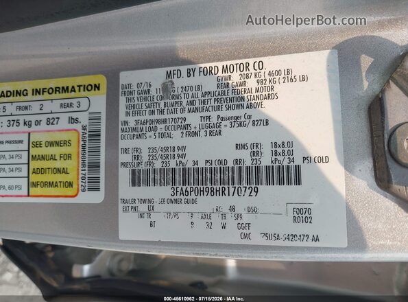 3FA6P0H98HR170729 2017 FORD FUSION Silver Widok komory silnika