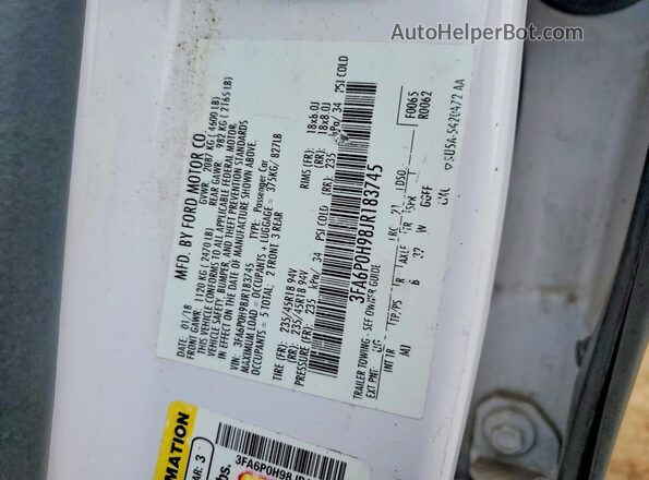 3FA6P0H98JR183745 2018 FORD FUSION White Widok komory silnika
