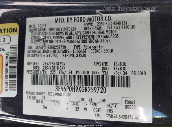 3FA6P0H9XGR259720 2016 FORD FUSION Black Շարժիչի բաժամունքի տեսք