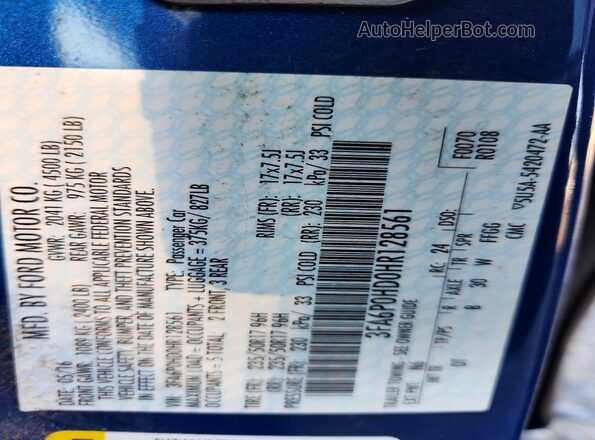 3FA6P0HD0HR128561 2017 FORD FUSION Blue Engine compartment view