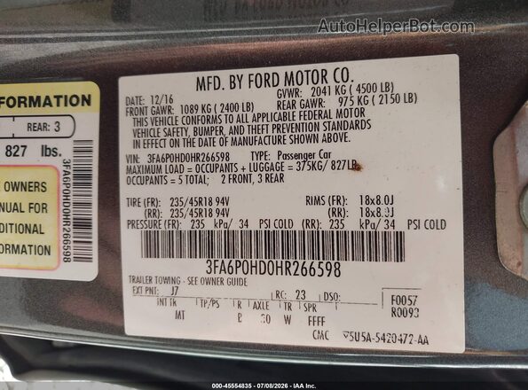 3FA6P0HD0HR266598 2017 FORD FUSION Gray Widok komory silnika