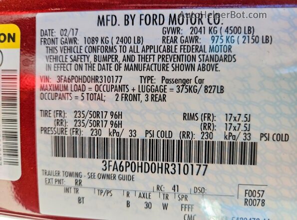 3FA6P0HD0HR310177 2017 FORD FUSION Бордовый Вид наклейки с VIN-кодом