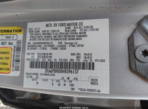 3FA6P0HD0HR396137 2017 FORD FUSION Silver Widok komory silnika