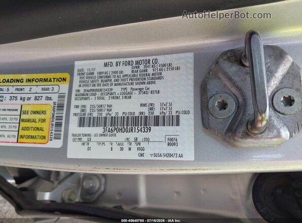 3FA6P0HD0JR154339 2018 FORD FUSION Silver ძრავის განყოფილების ხედი