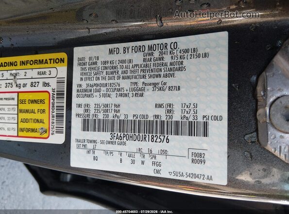 3FA6P0HD0JR182576 2018 FORD FUSION Gray Вид підкапотного простору