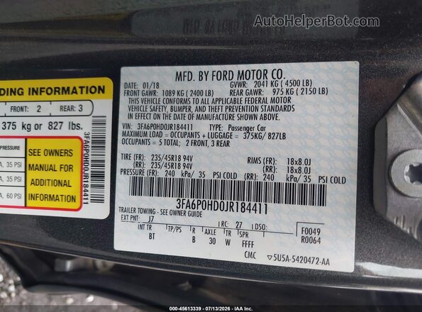 3FA6P0HD0JR184411 2018 FORD FUSION Gray ძრავის განყოფილების ხედი