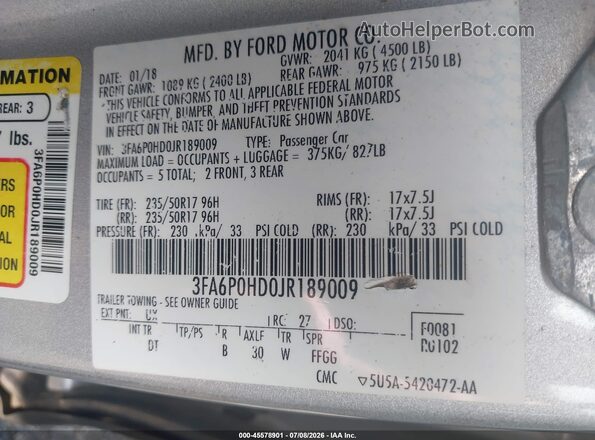 3FA6P0HD0JR189009 2018 FORD FUSION Серебряный Вид подкапотного пространства