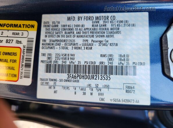 3FA6P0HD0JR213535 2018 FORD FUSION Blue VIN sticker view
