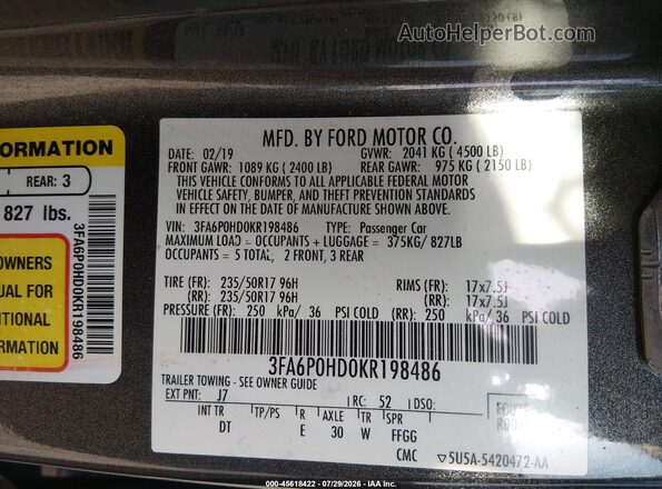 3FA6P0HD0KR198486 2019 FORD FUSION Серый Вид подкапотного пространства