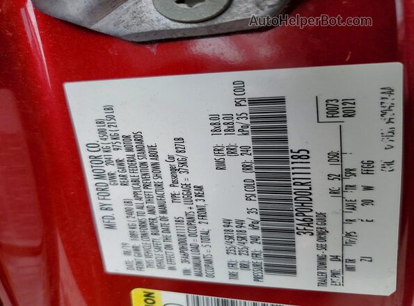 3FA6P0HD0LR111185 2020 FORD FUSION Red Widok naklejki z numerem VIN