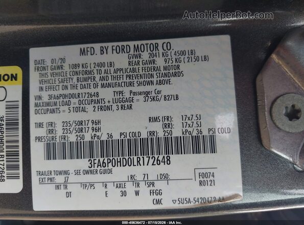 3FA6P0HD0LR172648 2020 FORD FUSION Gray Widok komory silnika