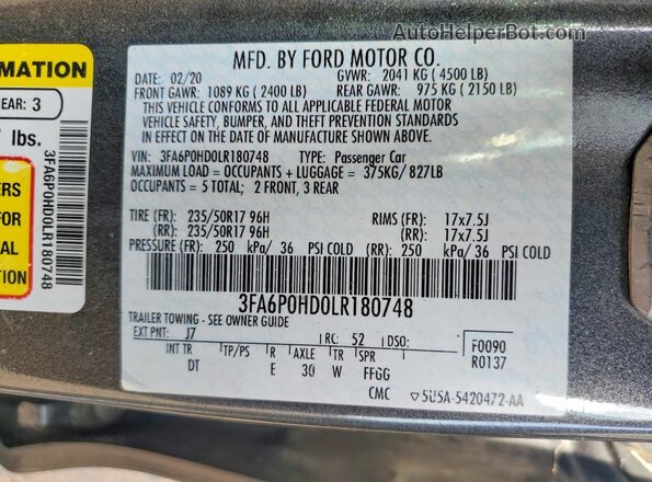 3FA6P0HD0LR180748 2020 FORD FUSION Charcoal VIN კოდის სტიკერის ხედი
