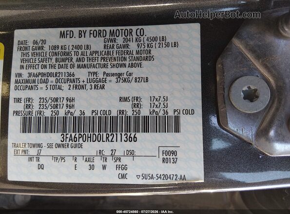 3FA6P0HD0LR211366 2020 FORD FUSION Gray ძრავის განყოფილების ხედი