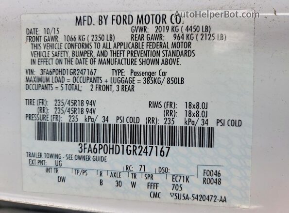 3FA6P0HD1GR247167 2016 FORD FUSION White Вид підкапотного простору