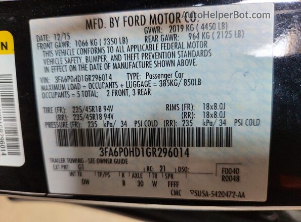 3FA6P0HD1GR296014 2016 FORD FUSION Black Շարժիչի բաժամունքի տեսք