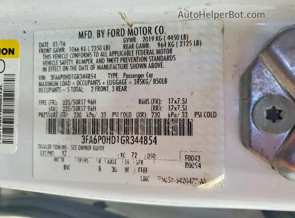 3FA6P0HD1GR344854 2016 FORD FUSION Белый Вид наклейки с VIN-кодом