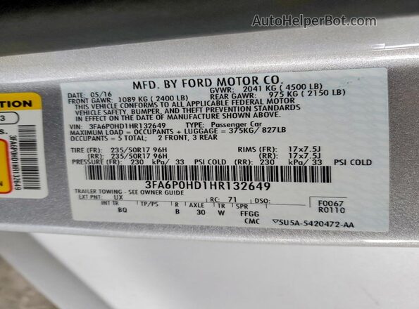 3FA6P0HD1HR132649 2017 FORD FUSION Silver Вид підкапотного простору