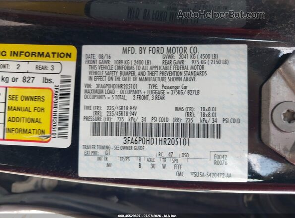 3FA6P0HD1HR205101 2017 FORD FUSION Black Widok komory silnika
