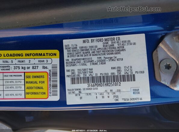 3FA6P0HD1HR251012 2017 FORD FUSION Синий Вид подкапотного пространства