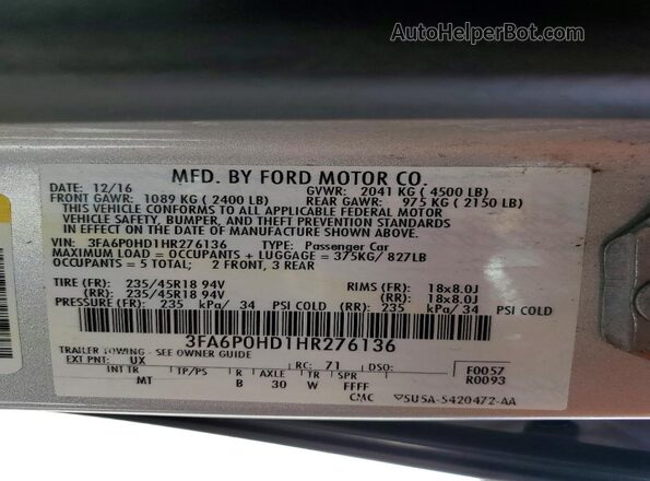 3FA6P0HD1HR276136 2017 FORD FUSION Silver VIN կոդի պիտակի տեսք