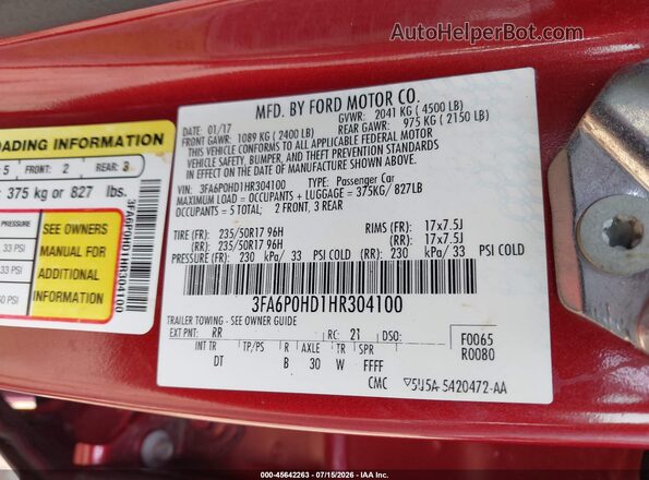 3FA6P0HD1HR304100 2017 FORD FUSION Red Engine compartment view