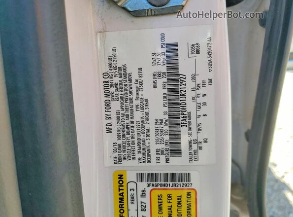 3FA6P0HD1JR212927 2018 FORD FUSION White Widok naklejki z numerem VIN