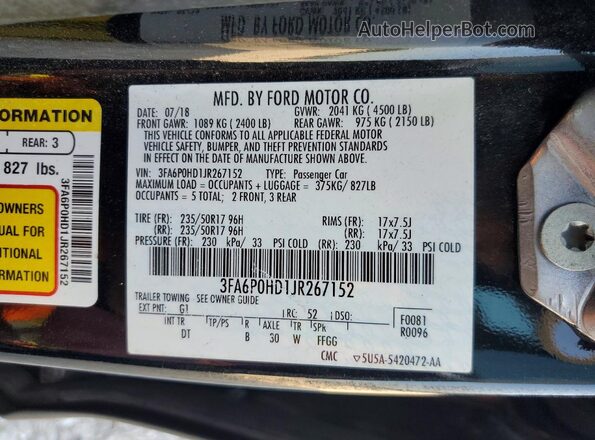 3FA6P0HD1JR267152 2018 FORD FUSION Black Вид підкапотного простору