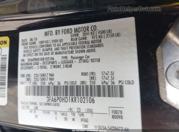 3FA6P0HD1KR102106 2019 FORD FUSION Black Widok komory silnika