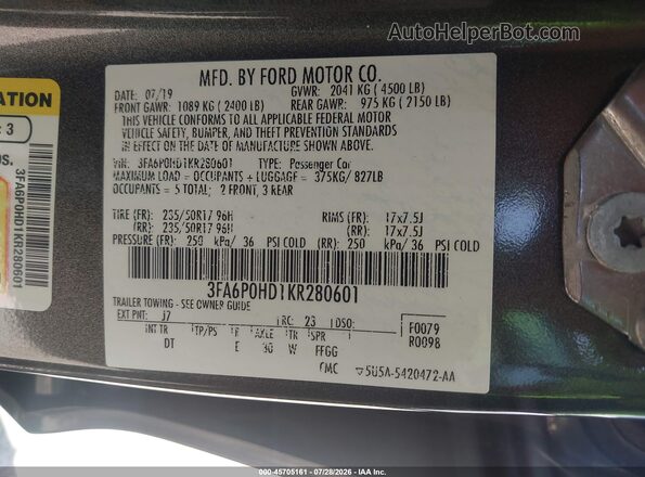 3FA6P0HD1KR280601 2019 FORD FUSION Серый Вид подкапотного пространства