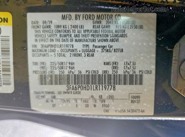 3FA6P0HD1LR119778 2020 FORD FUSION Black VIN sticker view