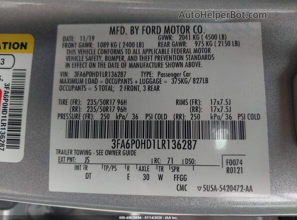 3FA6P0HD1LR136287 2020 FORD FUSION Gray Engine compartment view