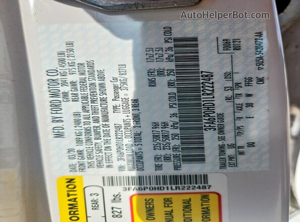 3FA6P0HD1LR222487 2020 FORD FUSION White Engine compartment view