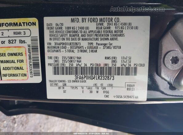 3FA6P0HD1LR232873 2020 FORD FUSION Black Engine compartment view