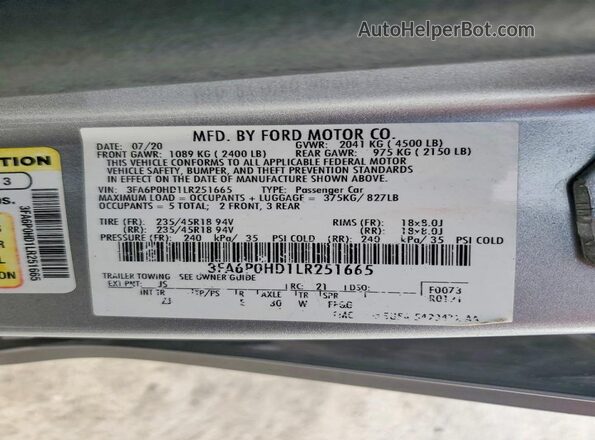 3FA6P0HD1LR251665 2020 FORD FUSION Silver Շարժիչի բաժամունքի տեսք