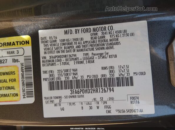 3FA6P0HD2HR126794 2017 FORD FUSION Gray Vista del compartimento del motor