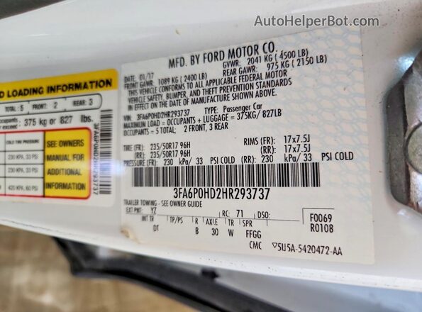 3FA6P0HD2HR293737 2017 FORD FUSION White Vista del compartimento del motor