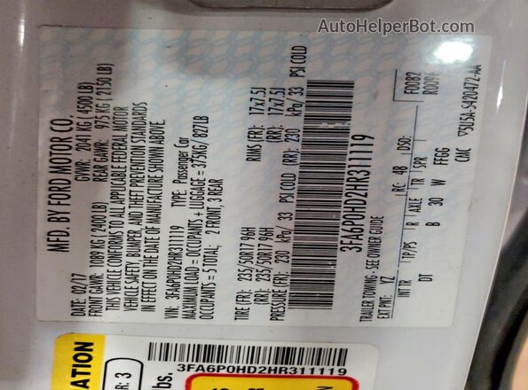 3FA6P0HD2HR311119 2017 FORD FUSION White Engine compartment view