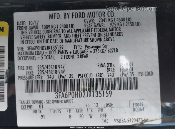 3FA6P0HD2JR135159 2018 FORD FUSION Black Widok komory silnika