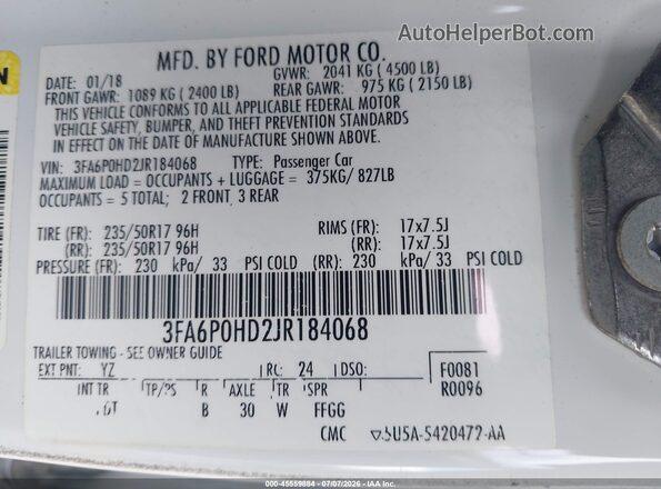 3FA6P0HD2JR184068 2018 FORD FUSION White Widok komory silnika